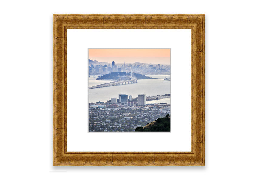 A framed print showcasing an aerial view of a vibrant city, beautifully presented in a stylish frame.