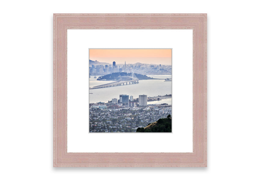 A framed print showcasing an aerial view of a vibrant city, beautifully presented in a stylish frame.