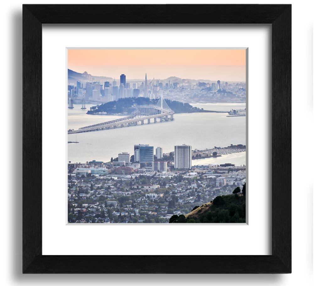 Aerial view of a vibrant city square framed print, showcasing intricate details and colors, ready to hang.