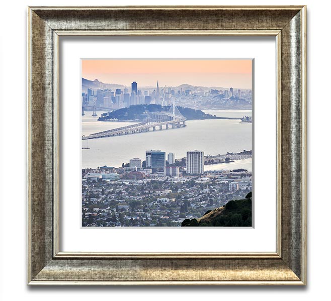 Aerial view of a vibrant city square framed print, showcasing intricate details and colors, ready to hang.