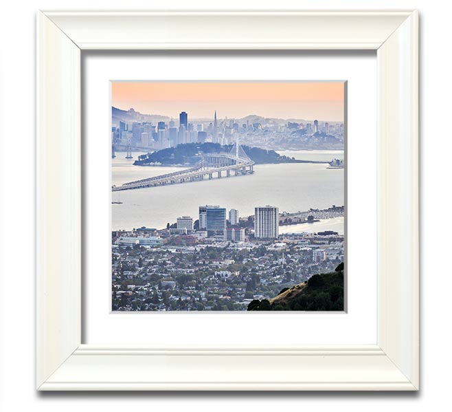 Aerial view of a vibrant city square framed print, showcasing intricate details and colors, ready to hang.