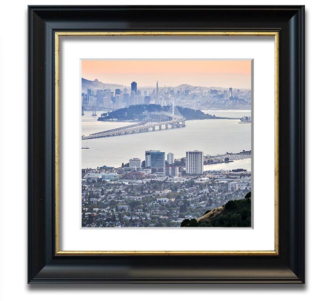 Aerial view of a vibrant city square framed print, showcasing intricate details and colors, ready to hang.