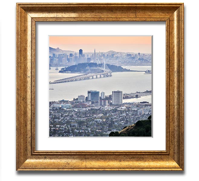 Aerial view of a vibrant city square framed print, showcasing intricate details and colors, ready to hang.