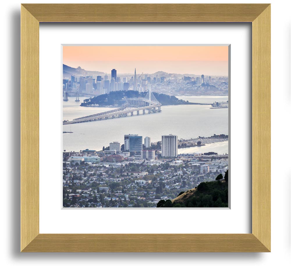 Aerial view of a vibrant city square framed print, showcasing intricate details and colors, ready to hang.