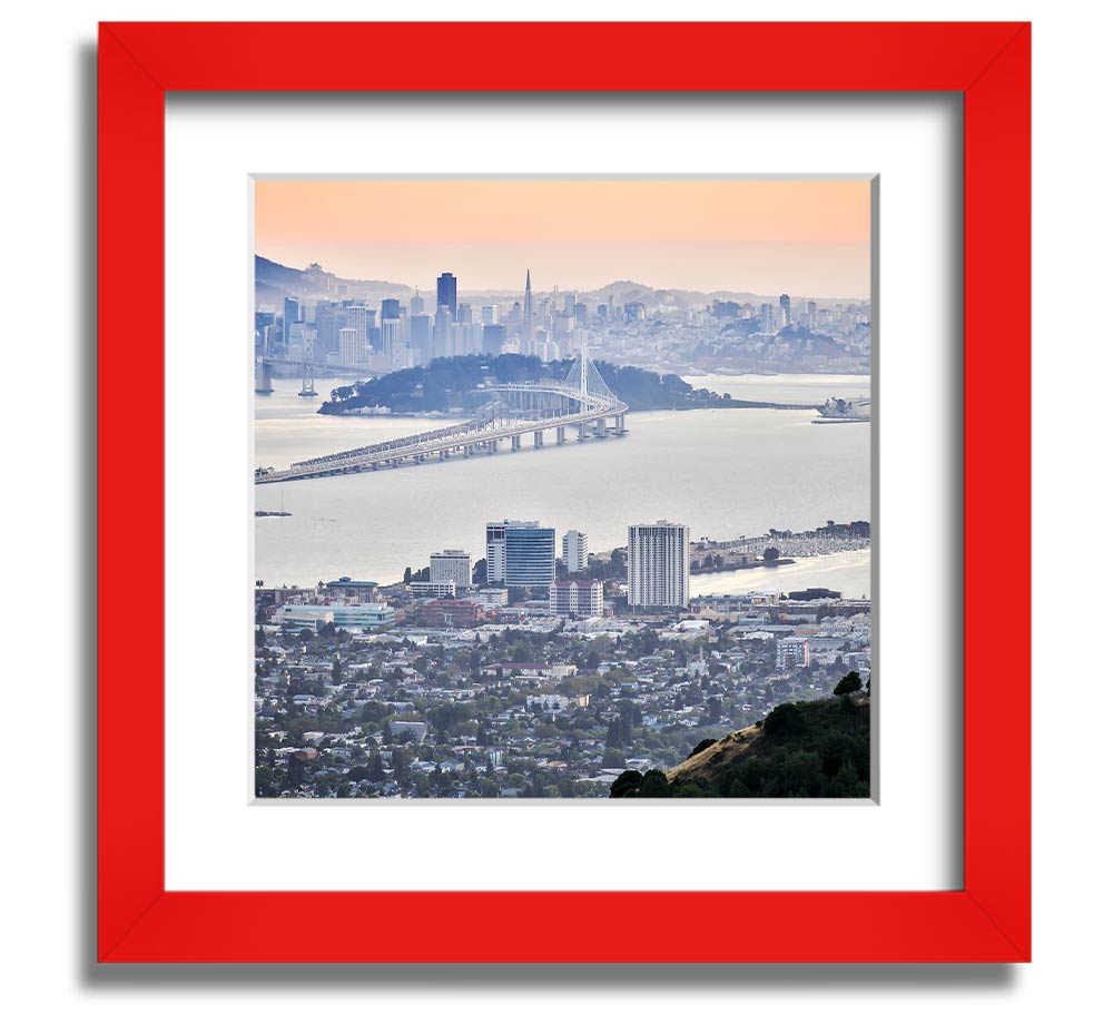 Aerial view of a vibrant city square framed print, showcasing intricate details and colors, ready to hang.