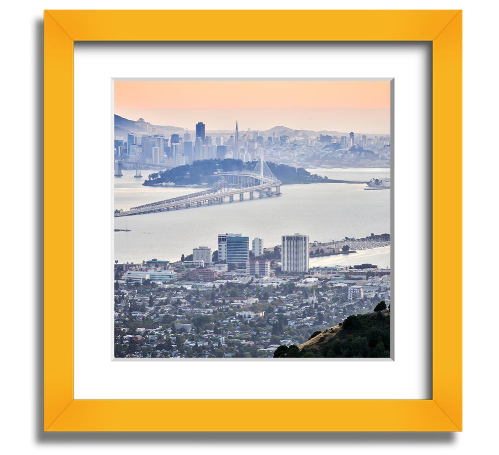 Aerial view of a vibrant city square framed print, showcasing intricate details and colors, ready to hang.