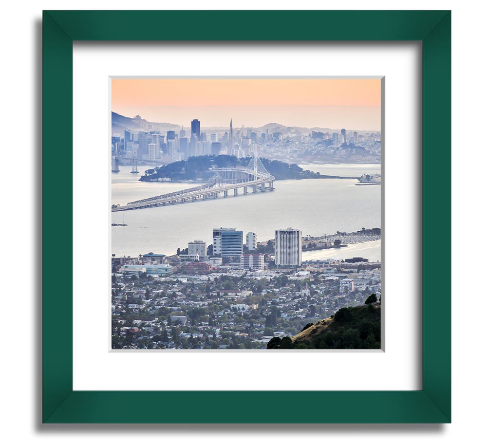 Aerial view of a vibrant city square framed print, showcasing intricate details and colors, ready to hang.