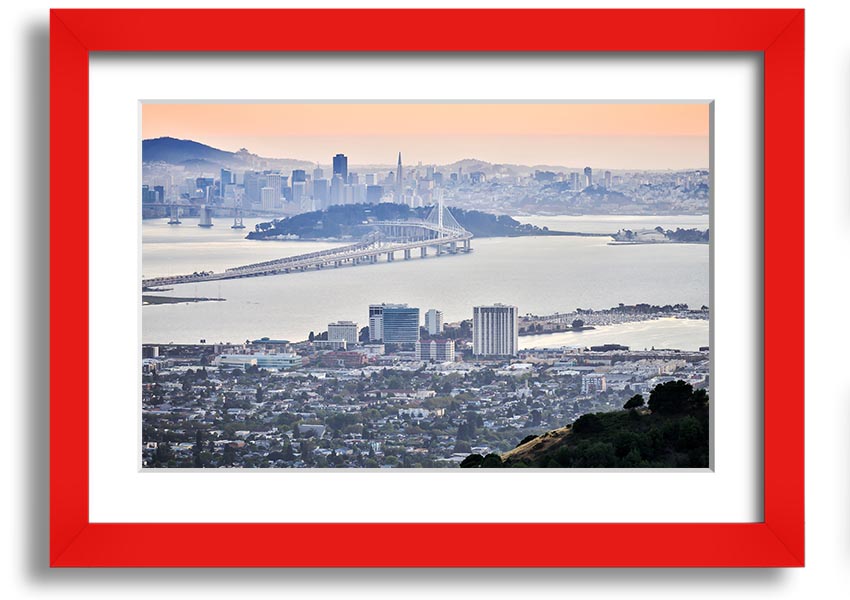 A framed print showcasing an aerial view of a vibrant city, available in various frame colors, ready to hang.