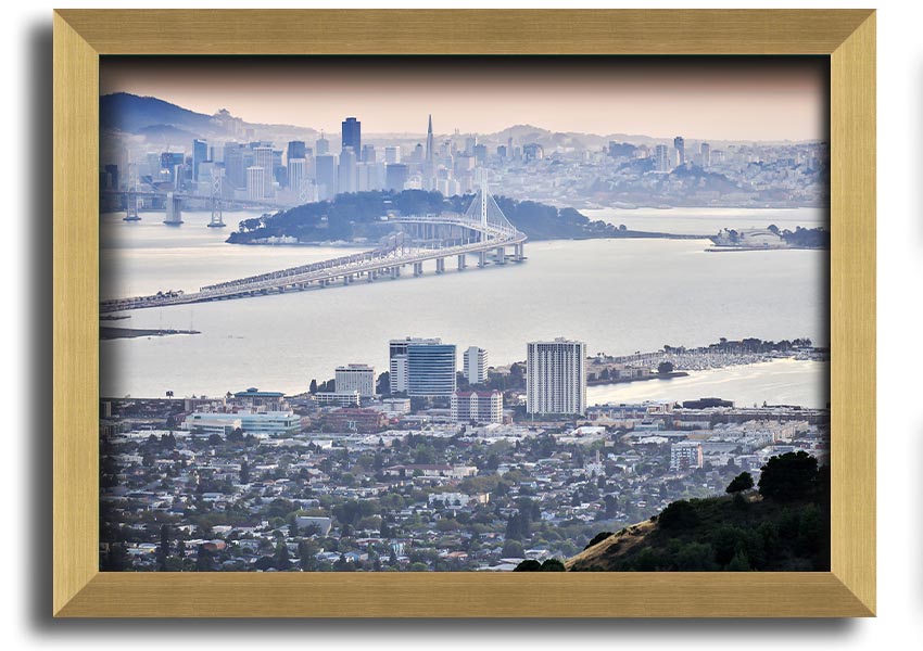 A framed print showcasing an aerial view of a vibrant city, available in various frame colors, ready to hang.