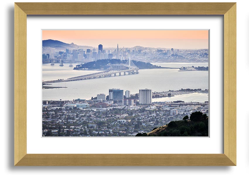 A framed print showcasing an aerial view of a vibrant city, available in various frame colors, ready to hang.