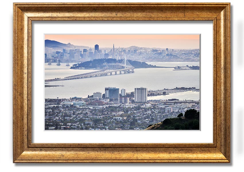 A framed print showcasing an aerial view of a vibrant city, available in various frame colors, ready to hang.