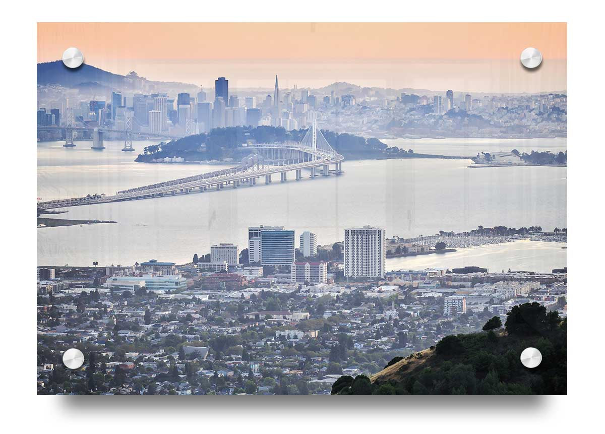 Acrylic print of a vibrant aerial view of a city, showcasing buildings and streets in vivid colors.