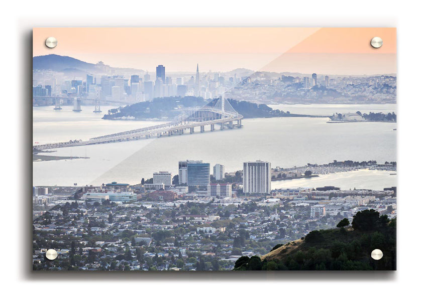 Acrylic print of a vibrant aerial view of a city, showcasing buildings and streets in vivid colors.