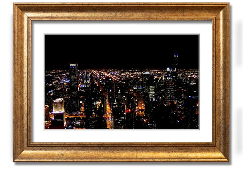 A stunning framed print of a night city skyline, showcasing vibrant lights and intricate details, ready to hang on a wall.