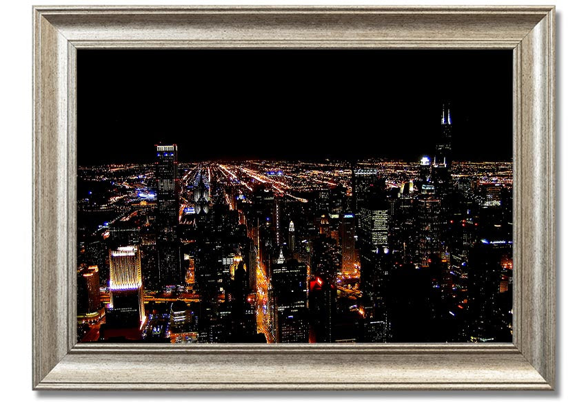 A stunning framed print of a night city skyline, showcasing vibrant lights and intricate details, ready to hang on a wall.