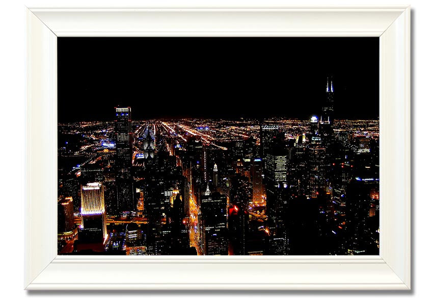 A stunning framed print of a night city skyline, showcasing vibrant lights and intricate details, ready to hang on a wall.