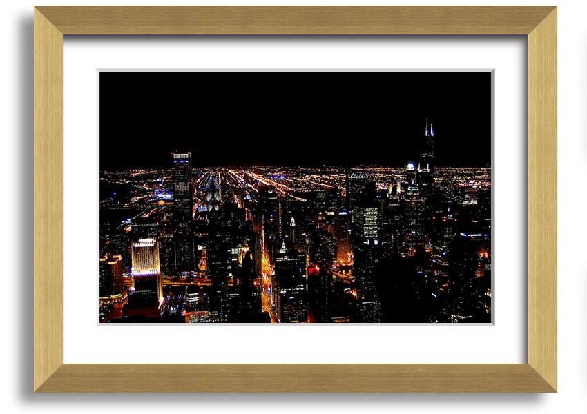 A stunning framed print of a night city skyline, showcasing vibrant lights and intricate details, ready to hang on a wall.