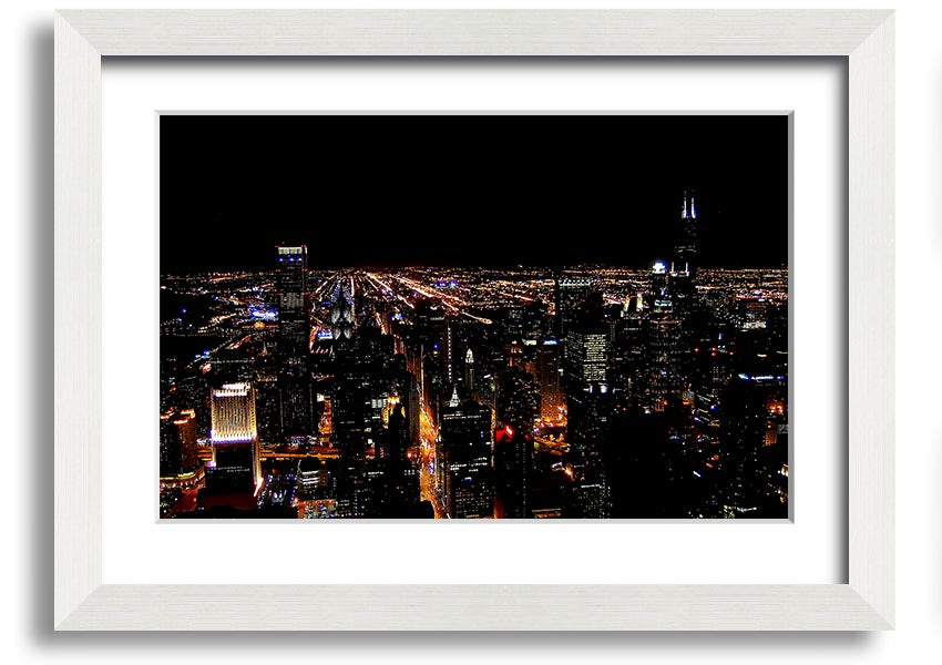 A stunning framed print of a night city skyline, showcasing vibrant lights and intricate details, ready to hang on a wall.