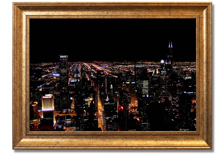 A stunning framed print of a night city skyline, showcasing vibrant lights and intricate details, ready to hang on a wall.