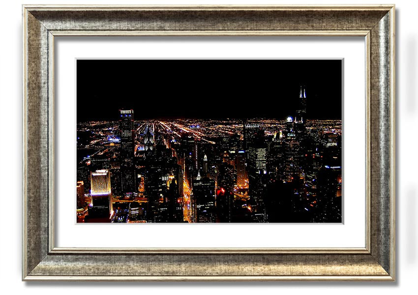 A stunning framed print of a night city skyline, showcasing vibrant lights and intricate details, ready to hang on a wall.