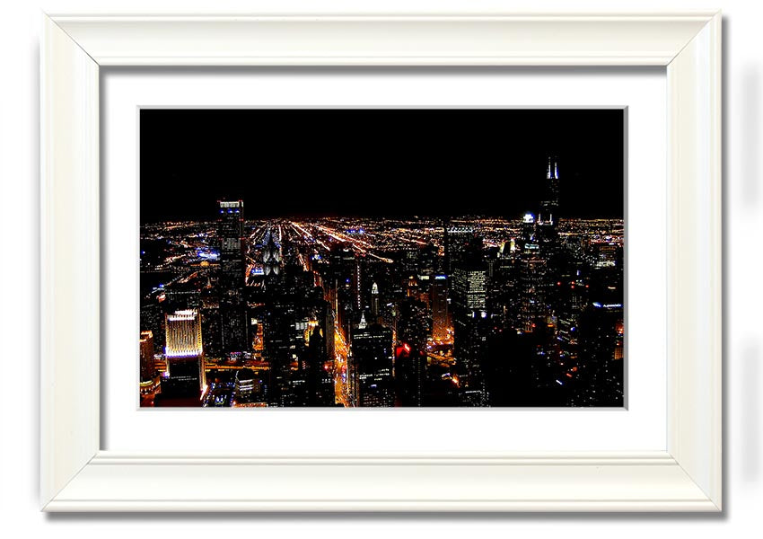 A stunning framed print of a night city skyline, showcasing vibrant lights and intricate details, ready to hang on a wall.