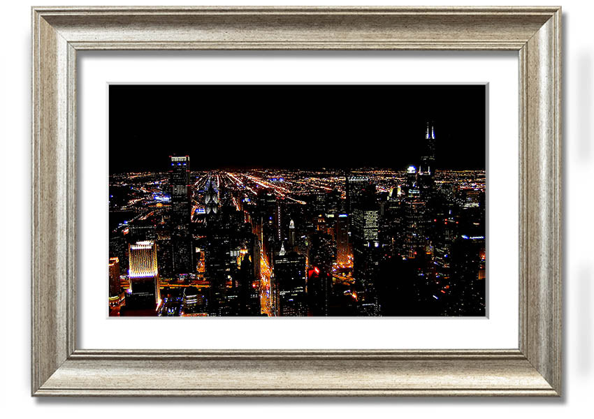 A stunning framed print of a night city skyline, showcasing vibrant lights and intricate details, ready to hang on a wall.