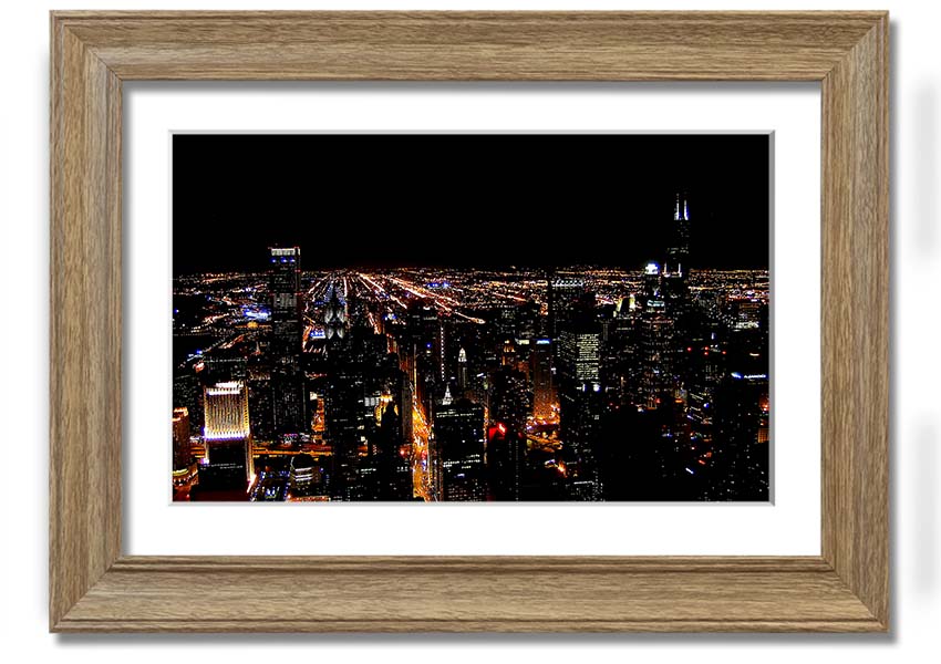 A stunning framed print of a night city skyline, showcasing vibrant lights and intricate details, ready to hang on a wall.