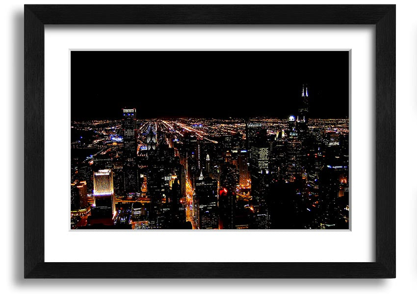 A stunning framed print of a night city skyline, showcasing vibrant lights and intricate details, ready to hang on a wall.