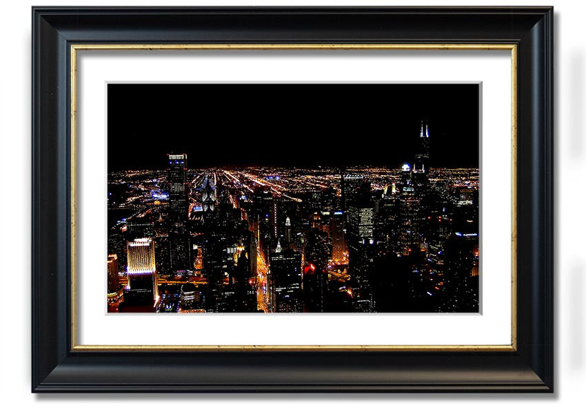 A stunning framed print of a night city skyline, showcasing vibrant lights and intricate details, ready to hang on a wall.