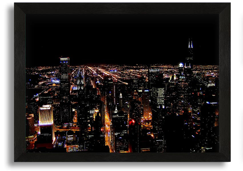 A stunning framed print of a night city skyline, showcasing vibrant lights and intricate details, ready to hang on a wall.