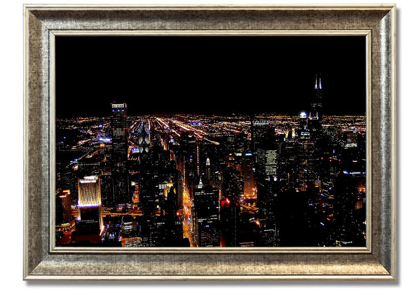 A stunning framed print of a night city skyline, showcasing vibrant lights and intricate details, ready to hang on a wall.