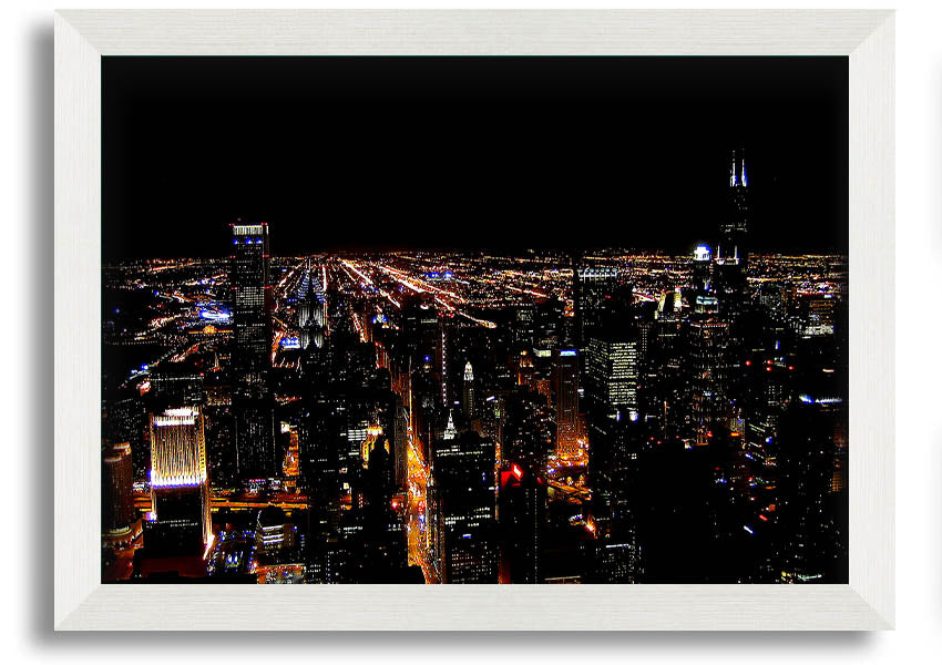 A stunning framed print of a night city skyline, showcasing vibrant lights and intricate details, ready to hang on a wall.