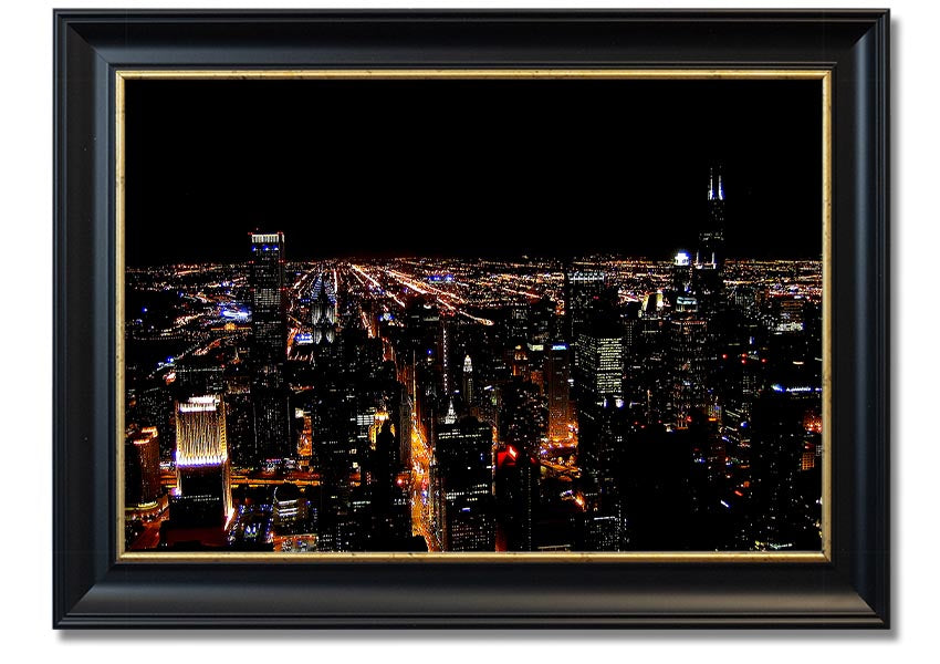 A stunning framed print of a night city skyline, showcasing vibrant lights and intricate details, ready to hang on a wall.