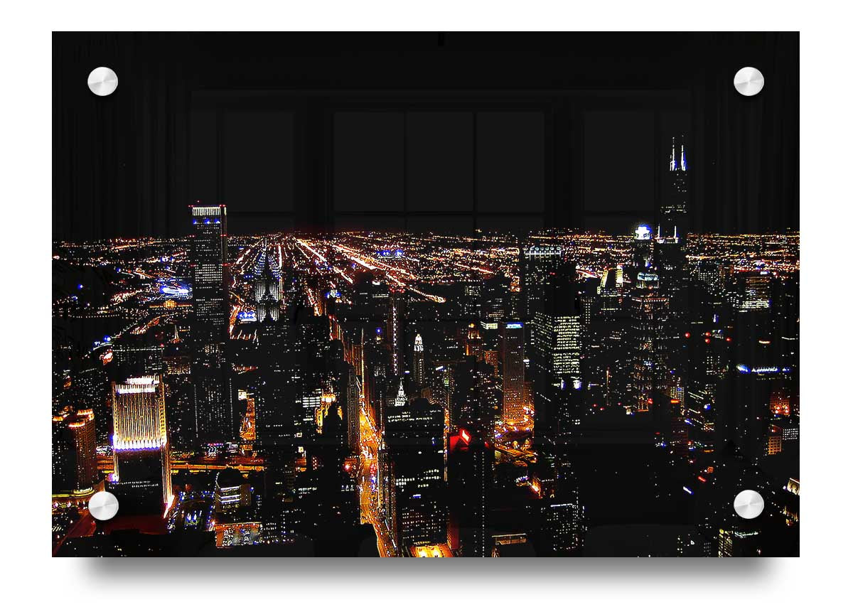 Acrylic print of a vibrant night cityscape, showcasing illuminated buildings and streets, perfect for wall decor.