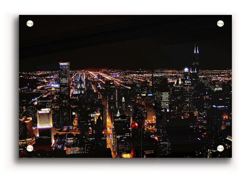 Acrylic print of a vibrant night cityscape, showcasing illuminated buildings and streets, perfect for wall decor.