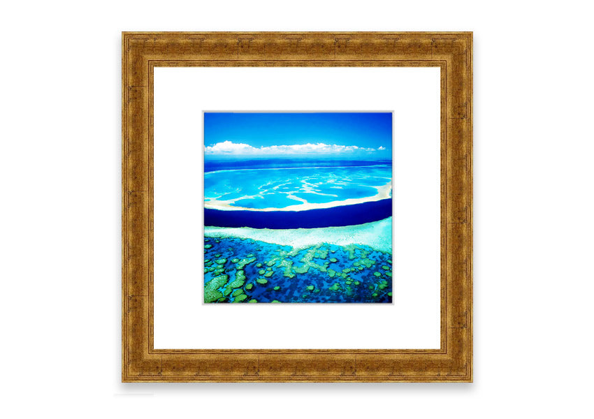 A framed print showcasing an aerial view of a turquoise ocean, beautifully capturing the vibrant colors and serene waves.