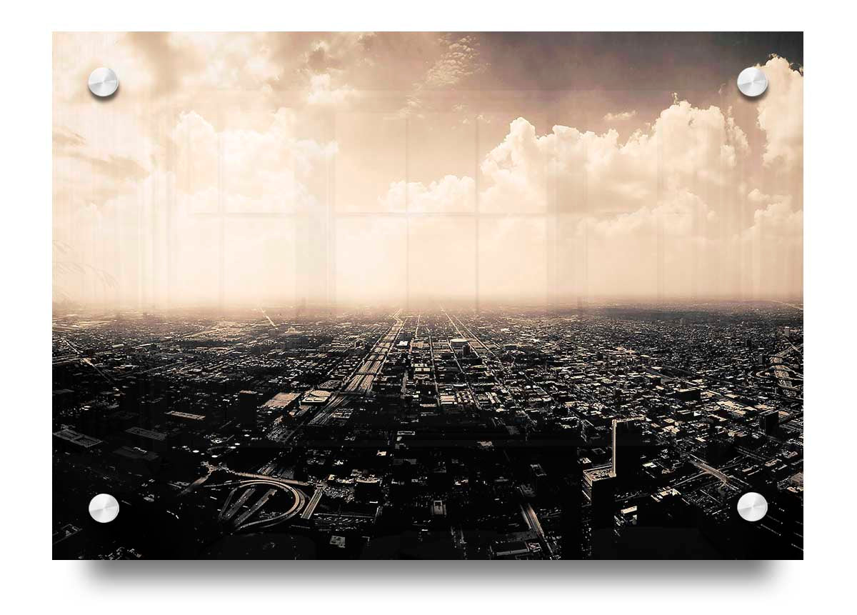 Acrylic print of an aerial view over a city, showcasing vibrant colors and intricate details.