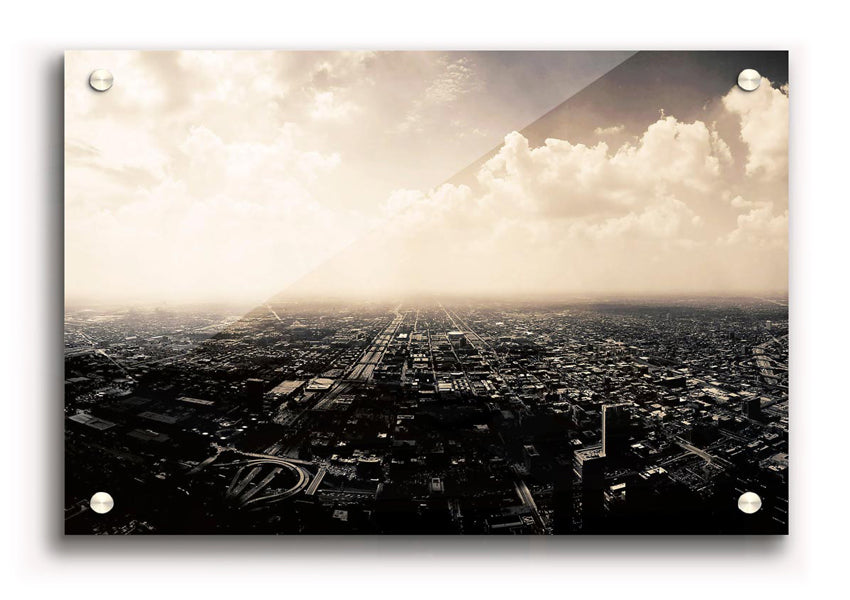 Acrylic print of an aerial view over a city, showcasing vibrant colors and intricate details.