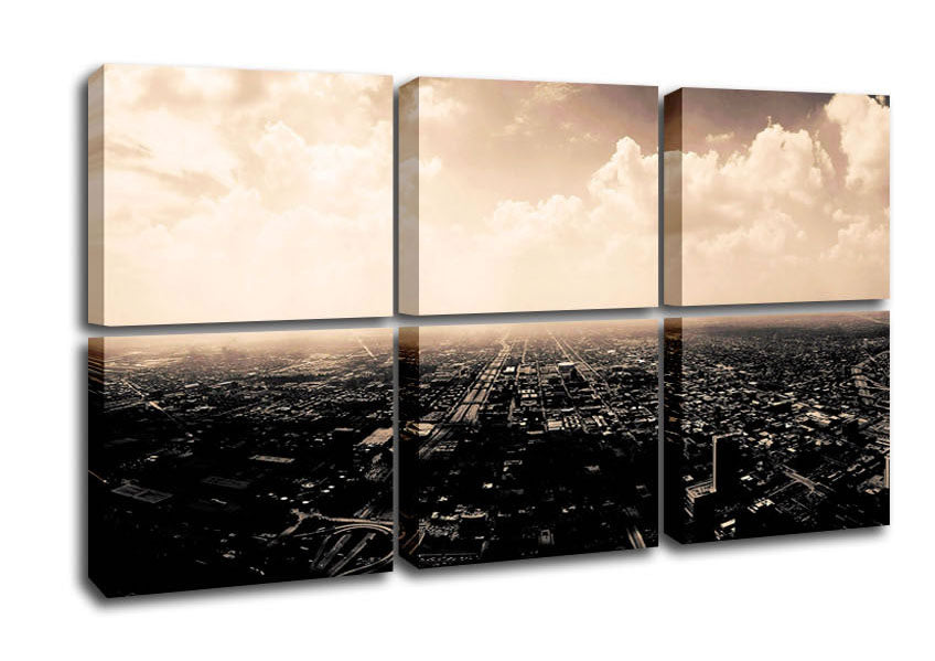 Ariel View Over The City canvas art mounted on a 44mm box frame, showcasing a vibrant urban landscape.