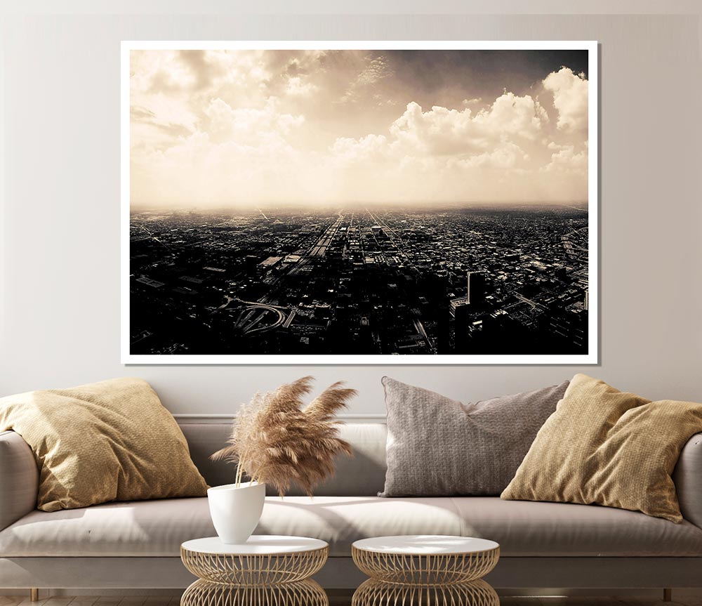 Aerial view of a vibrant city captured in a high-quality canvas poster, showcasing buildings and streets.