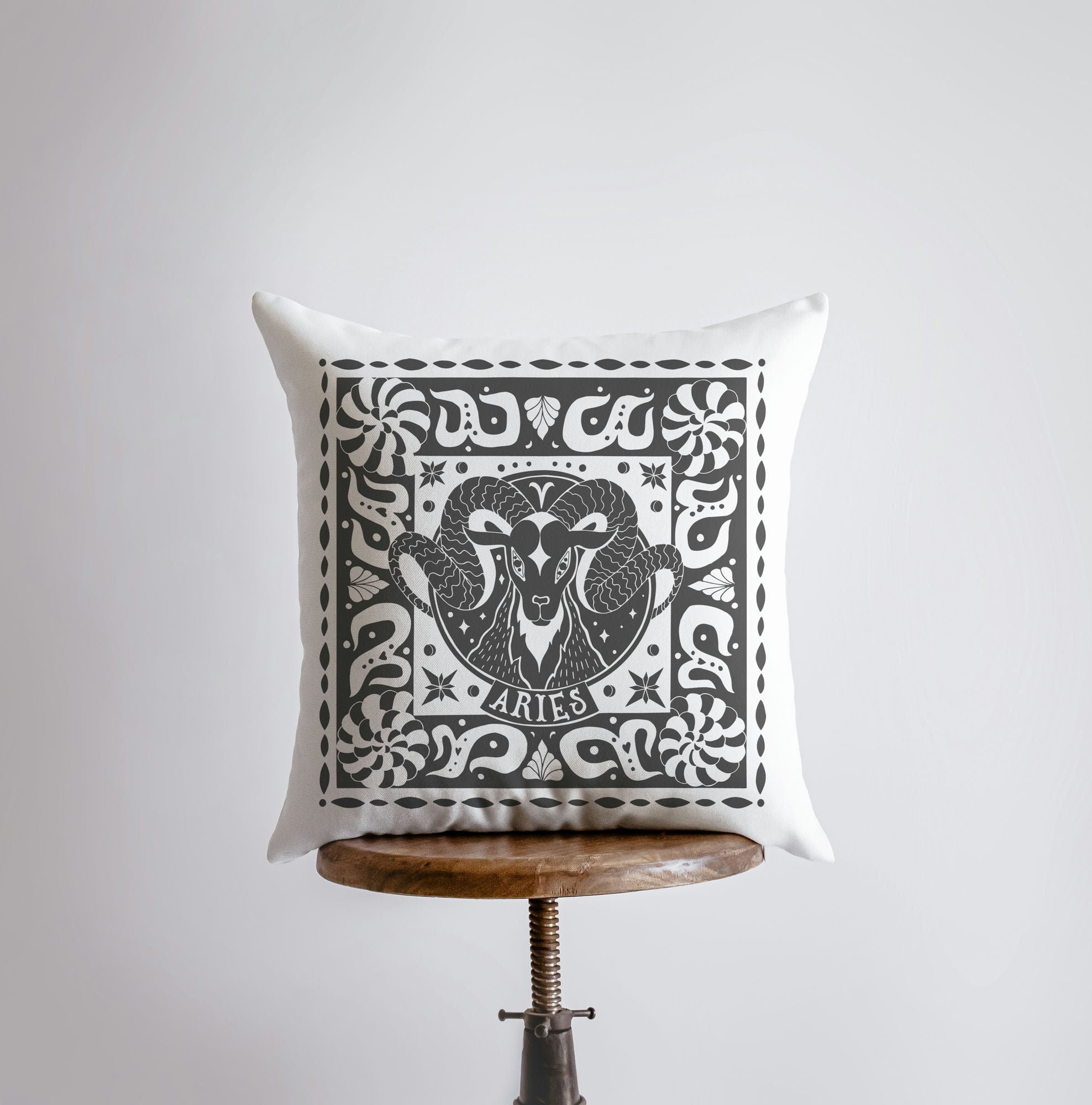 Handmade Aries Zodiac Throw Pillow featuring the Aries constellation design on the front and a white back, available in various sizes.