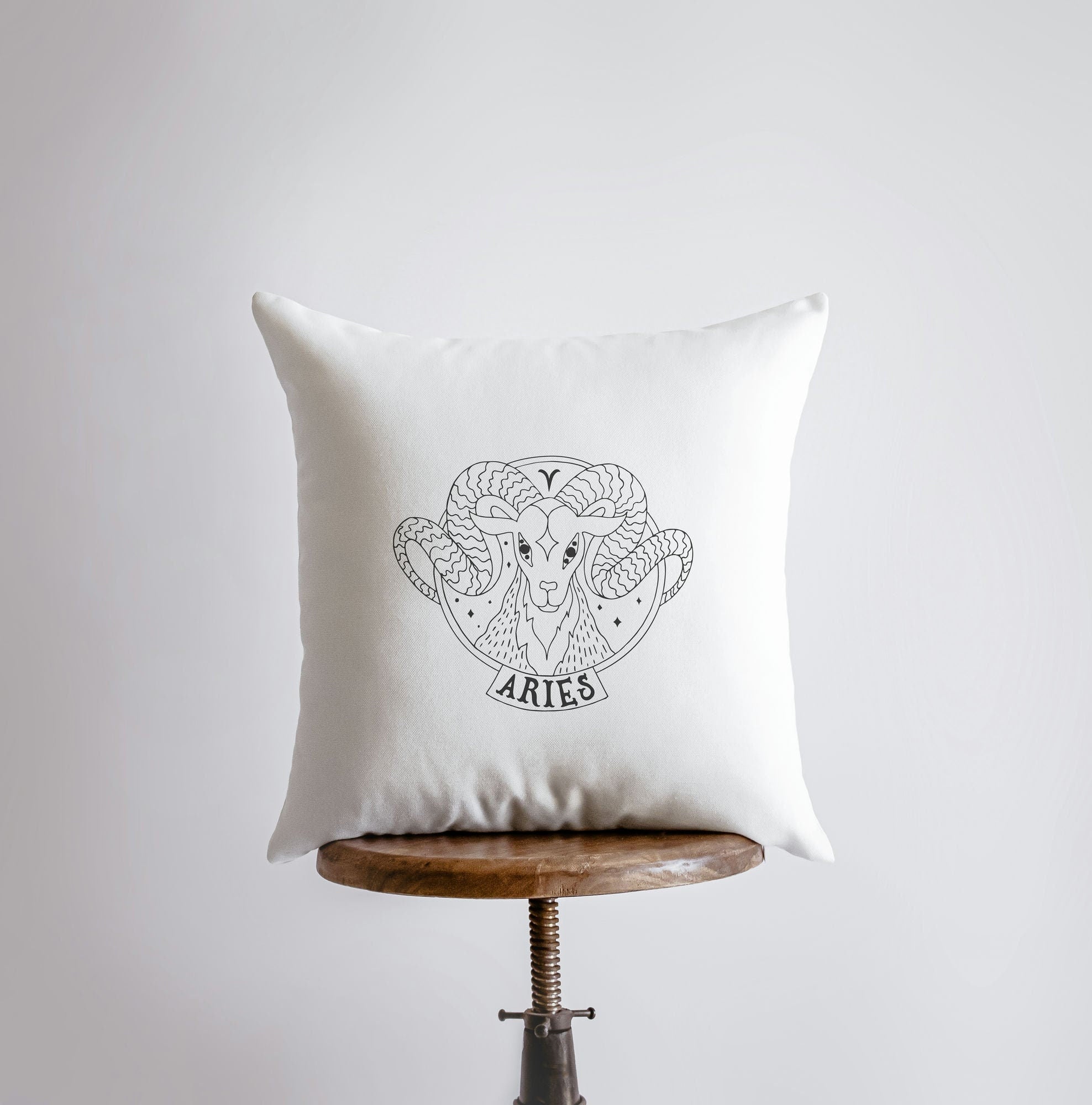 Handmade Aries Zodiac Throw Pillow featuring the Aries constellation design on the front and a white back, available in various sizes.