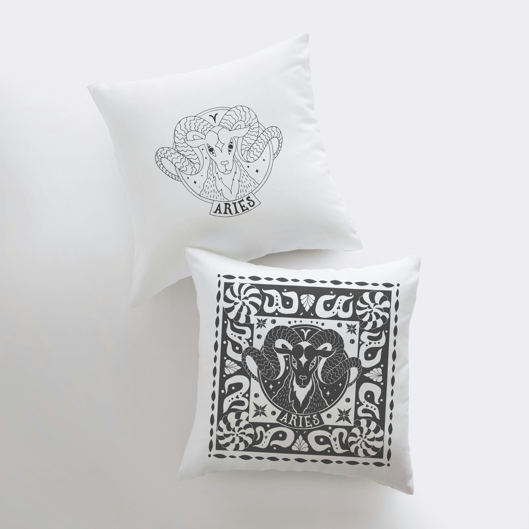 Handmade Aries Zodiac Throw Pillow featuring the Aries constellation design on the front and a white back, available in various sizes.