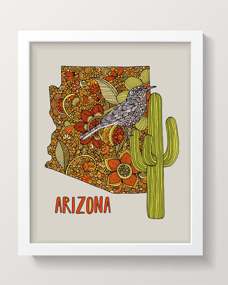 An archival art print of the Arizona State Map featuring the Cactus Wren and Saguaro flower, beautifully illustrated in pen and ink with digital coloring.