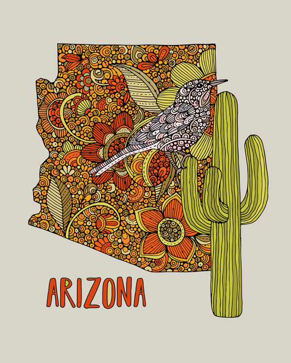 An archival art print of the Arizona State Map featuring the Cactus Wren and Saguaro flower, beautifully illustrated in pen and ink with digital coloring.