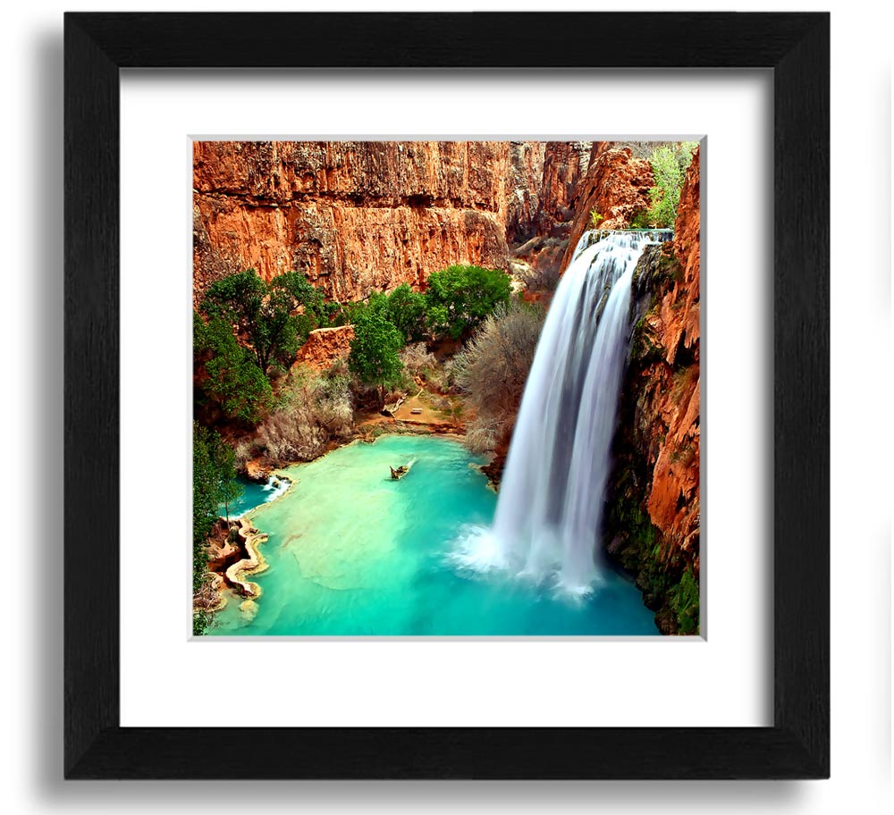 Arizona Waterfalls Square Framed Print showcasing vibrant waterfall scenery, framed in a stylish color, ready to hang.