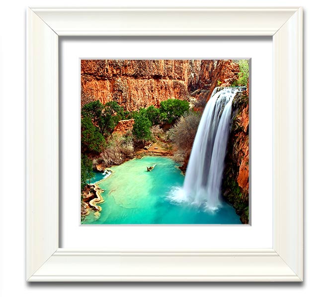 Arizona Waterfalls Square Framed Print showcasing vibrant waterfall scenery, framed in a stylish color, ready to hang.