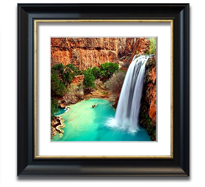 Arizona Waterfalls Square Framed Print showcasing vibrant waterfall scenery, framed in a stylish color, ready to hang.