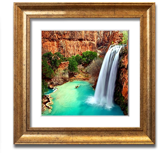 Arizona Waterfalls Square Framed Print showcasing vibrant waterfall scenery, framed in a stylish color, ready to hang.