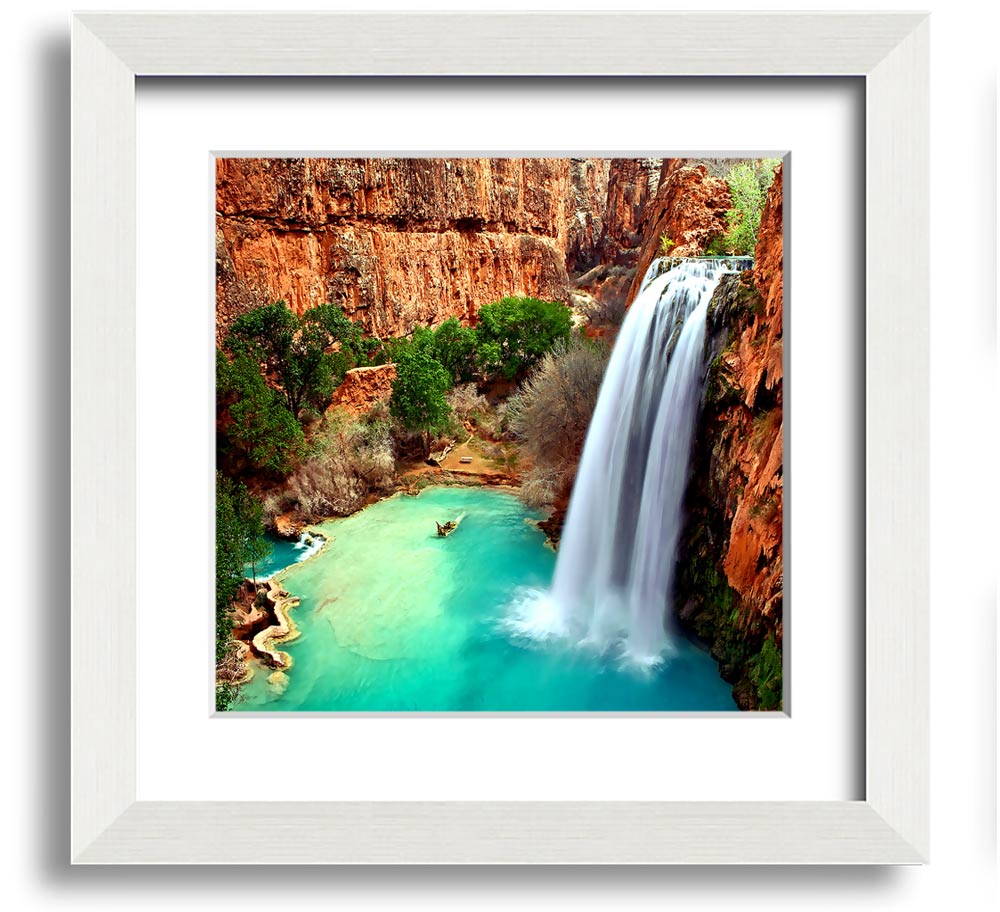 Arizona Waterfalls Square Framed Print showcasing vibrant waterfall scenery, framed in a stylish color, ready to hang.